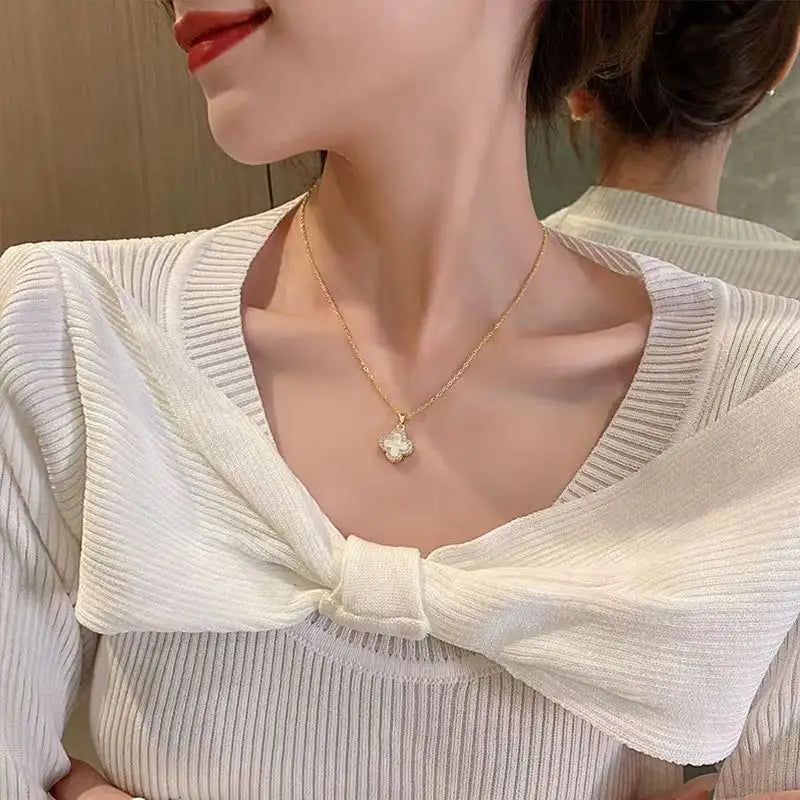 Women's Four-Leaf Clover Stainless Steel Necklace Luxury Small Aroma Style Light Tempered Fashion Jewelry Accessory Collarbone