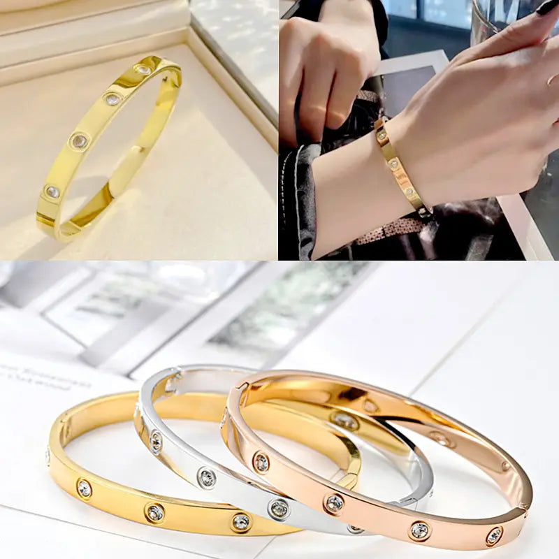 Women's 18K Rose Gold Stainless Steel Bracelet Full Diamond One Nail One Diamond Couple Titanium Steel Jewelry